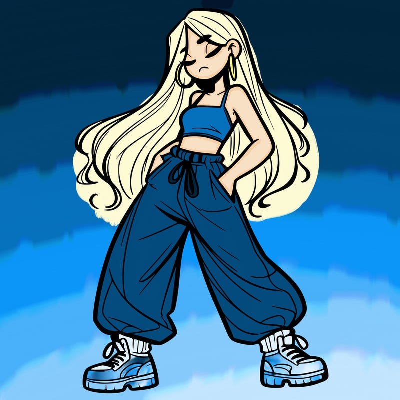 girl in baggy pants crop top and long hair