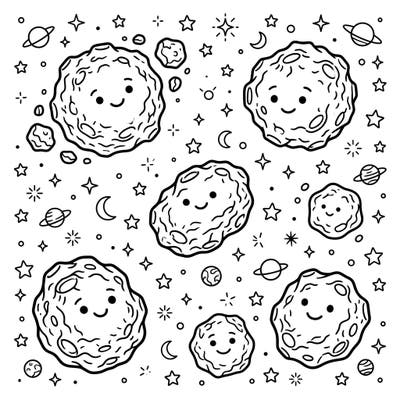 Embark on an out-of-this-world coloring adventure with this adorable page featuring friendly Near-Earth asteroids. Designed specifically for kids aged 4-8, it offers a delightful way to explore the cosmos and spark creativity.