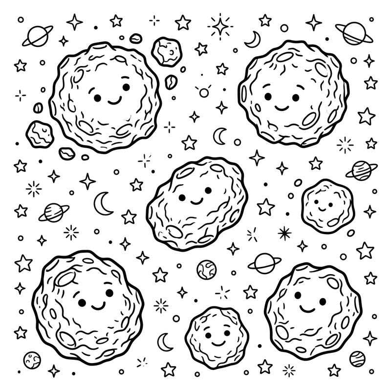 Embark on an out-of-this-world coloring adventure with this adorable page featuring friendly Near-Earth asteroids. Designed specifically for kids aged 4-8, it offers a delightful way to explore the cosmos and spark creativity.