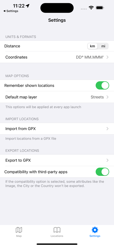 Écran des paramètres de l'application My Location Manager Lite affichant les formats d'unités et les options d'importation et d'exportation GPX.