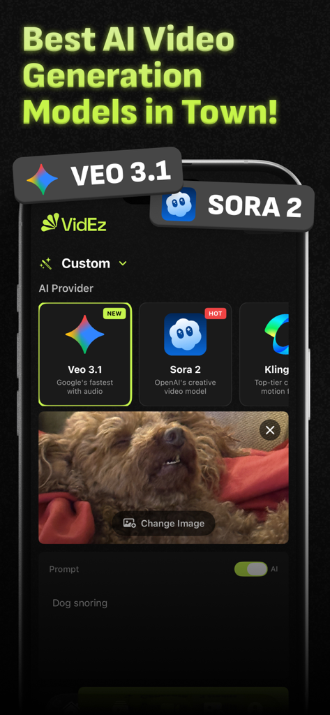 AI Video Generator: Videz - Videz app interface displaying premium AI video models including Veo 3.1 and Sora 2