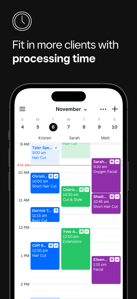 Square Appointments: Scheduler - Square Appointments app showing staff schedules and client bookings in a daily calendar view