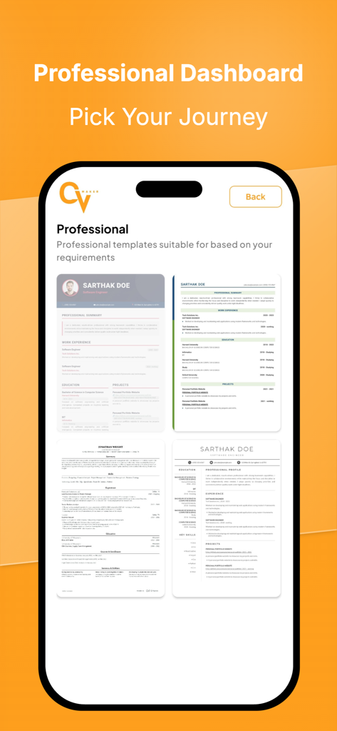 CV Maker - Professional Resume - Panel de la aplicación CV Maker mostrando varias plantillas de currículum profesional en una pantalla de iPhone