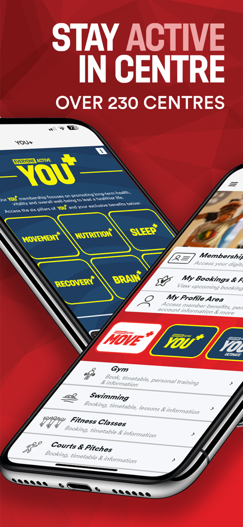 Everyone Active - Interfaz de la aplicación móvil Everyone Active que muestra categorías de fitness y opciones de reserva para gimnasio y natación