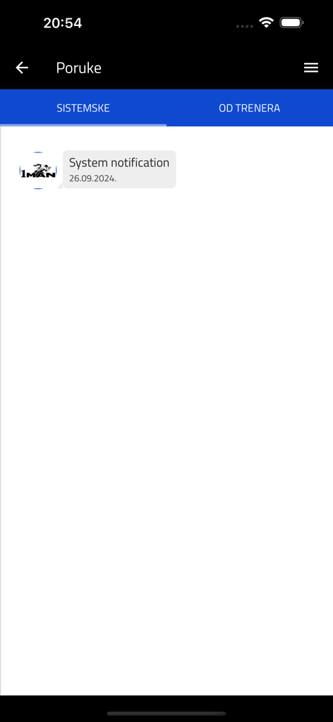 1MAN STUDIO - 1MAN STUDIO app notification interface showing system messages and trainer updates.