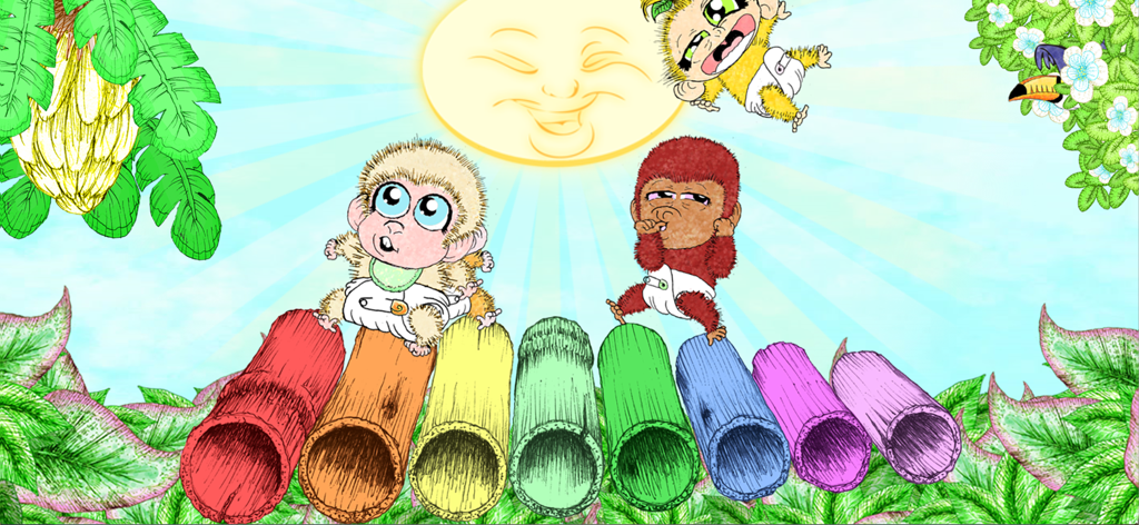 Jungle Jam - Child Friendly - Two baby monkeys playing on a colorful bamboo xylophone in a jungle with a smiling sun