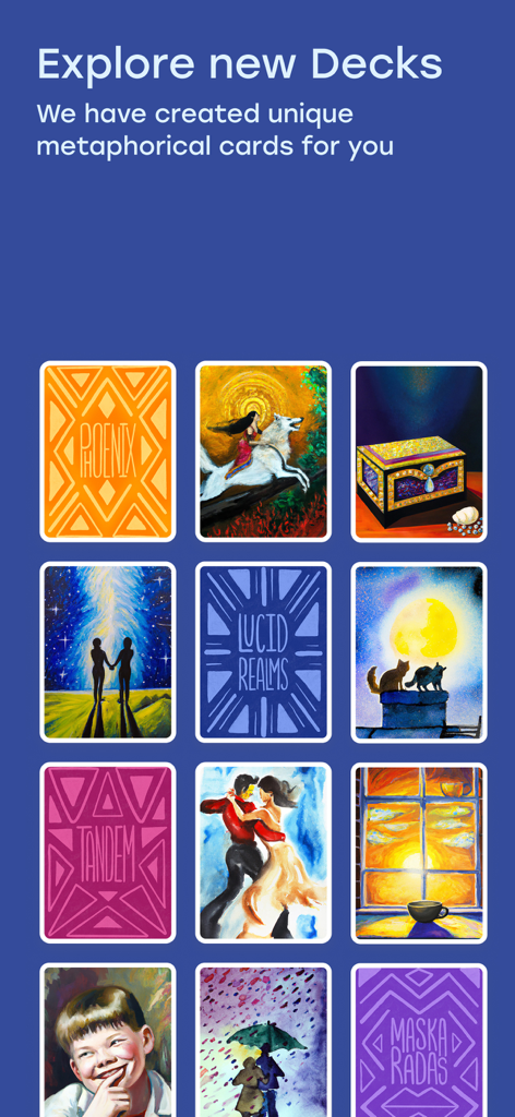 Una colección de mazos de cartas asociativas metafóricas coloridas en la aplicación de chat de terapia con IA OhSofia