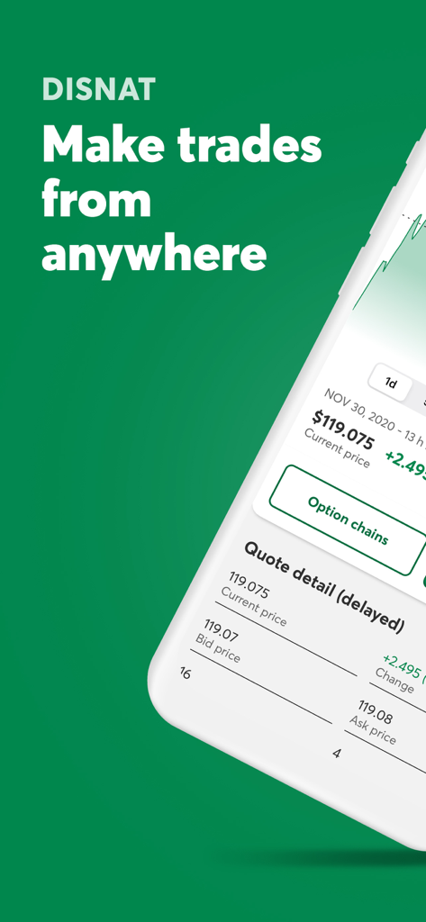 Schermata dell'app Disnat che mostra quotazioni azionarie e funzionalità di trading di opzioni con lo slogan Fai trading ovunque