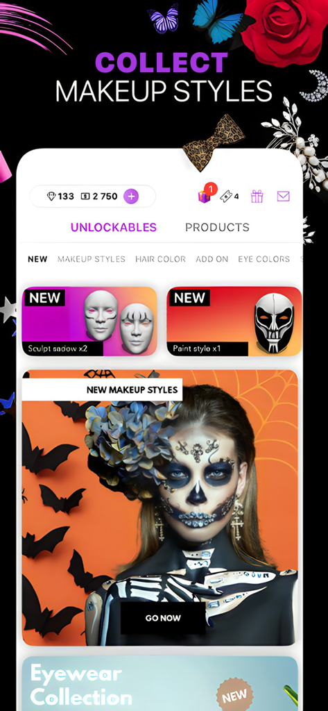 Makeup Creator: Makeup Games - The unlockables screen in the Makeup Creator app featuring a skeleton makeup style and various cosmetic categories.