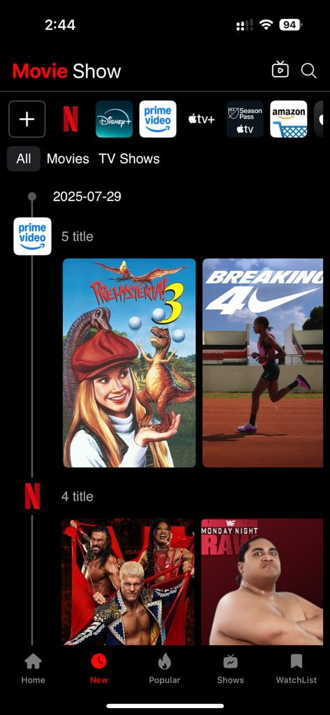 Movies Box: Movies & TV Show - 스트리밍 플랫폼별로 정리된 새 영화 및 TV 쇼 출시를 보여주는 Movies Box 앱 스크린샷