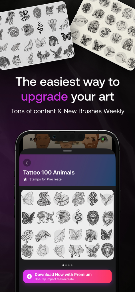 Procreate Brushes & Stamps Hub - Interfaz de la aplicación Procreate Brushes and Stamps Hub que muestra una colección de sellos de tatuajes de animales.