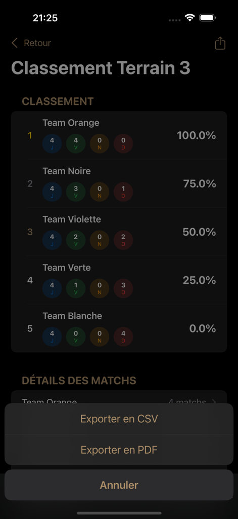 Schermata della classifica del torneo che mostra statistiche di squadra e opzioni per esportare i risultati in formato CSV o PDF.