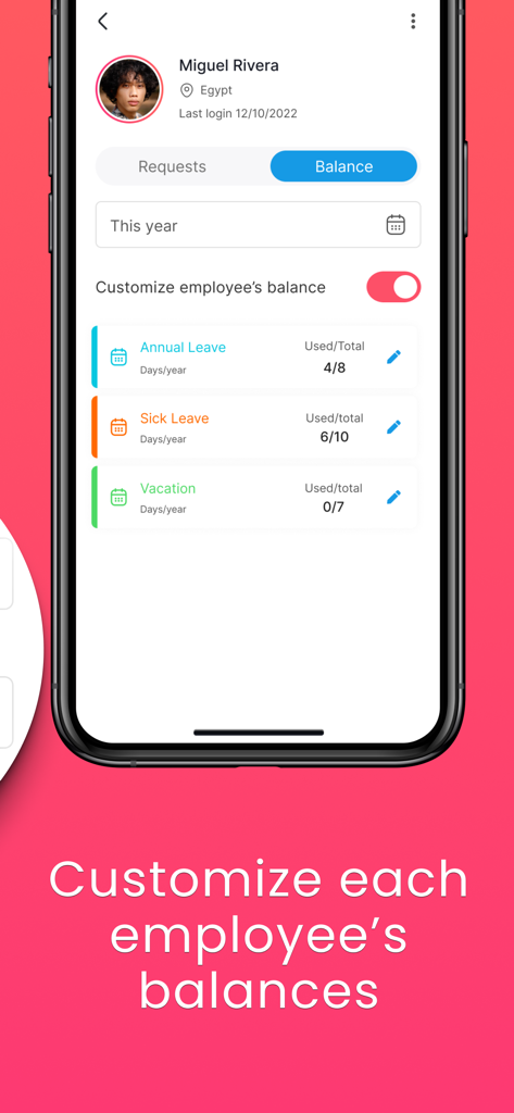 Day Off - Leave Tracker & PTO - Mobile app screen showing the management and customization of an employee annual leave and sick leave balances