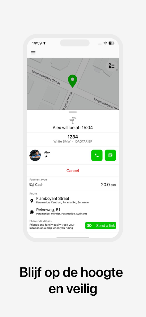 Interfaz de la aplicación Hertog Taxi mostrando seguimiento del conductor en tiempo real, hora de llegada y detalles del viaje