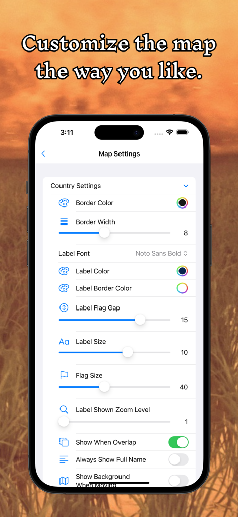 Interface showing customization settings for map borders labels and flags in the A plus World Map Editor app.