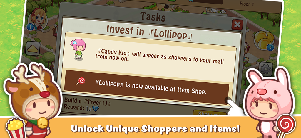 Happy Mall Story - A game screenshot showing the task menu to invest in lollipops and unlock unique shoppers in Happy Mall Story