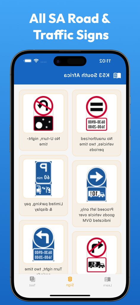 A screen from the K53 South Africa app displaying various road and traffic signs with descriptive text for study purposes