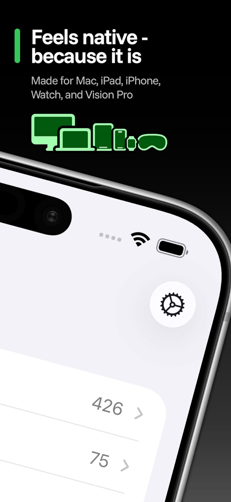 Newsbin RSS-Reader-App-Oberfläche, die die native Unterstützung für iPhone, iPad, Mac, Apple Watch und Vision Pro hervorhebt.