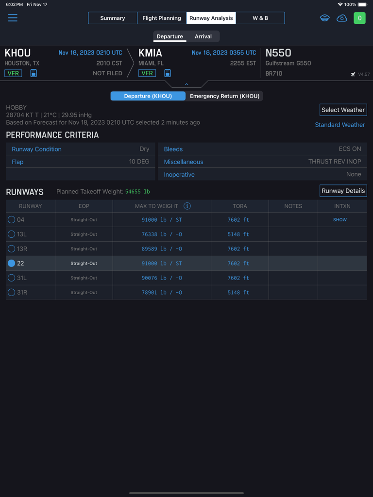Genesis PRO - Genesis PRO app interface showing runway analysis and takeoff performance data for a Gulfstream G550