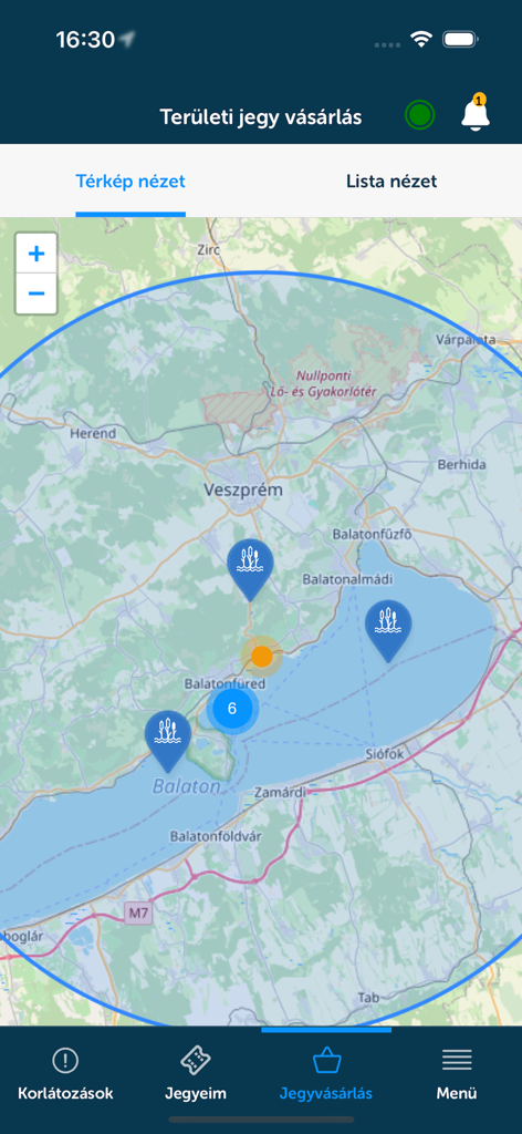 Interactive map view in the HORGÁSZ app showing fishing spots and regional ticket purchase locations around Lake Balaton