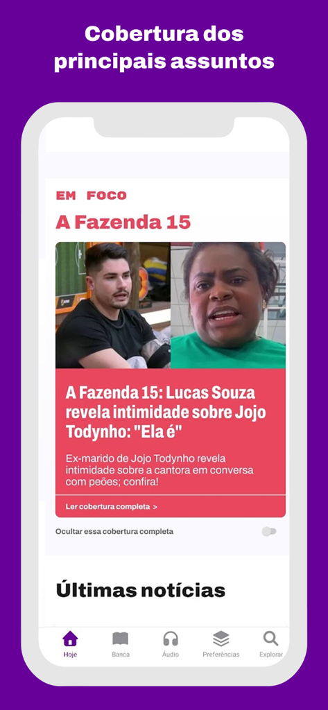 Vivo News - Interface do aplicativo Vivo News mostrando os principais tópicos de notícias e artigos de entretenimento