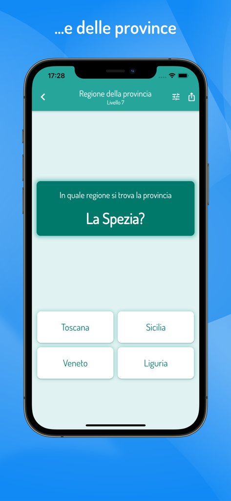 Captura de pantalla de una aplicación móvil que muestra una pregunta de quiz de geografía pidiendo identificar la región de la provincia italiana de La Spezia con opciones de respuesta múltiple.