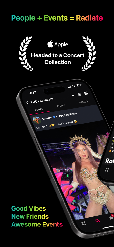 Radiate - A phone displaying the Radiate app forum for EDC Las Vegas with a festival goer post and promotional text about music events.