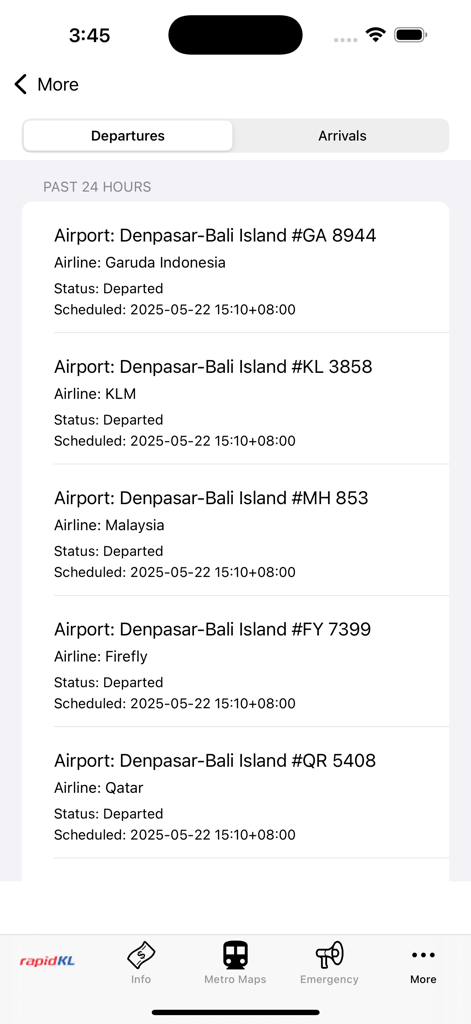 Eine Liste der Flugabflüge von Denpasar Bali in der Kuala Lumpur U-Bahn-Karten-App