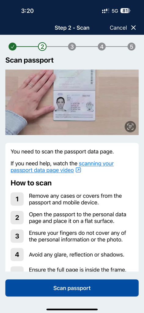 Screenshot of the Australian Immi App showing instructions for scanning a passport data page