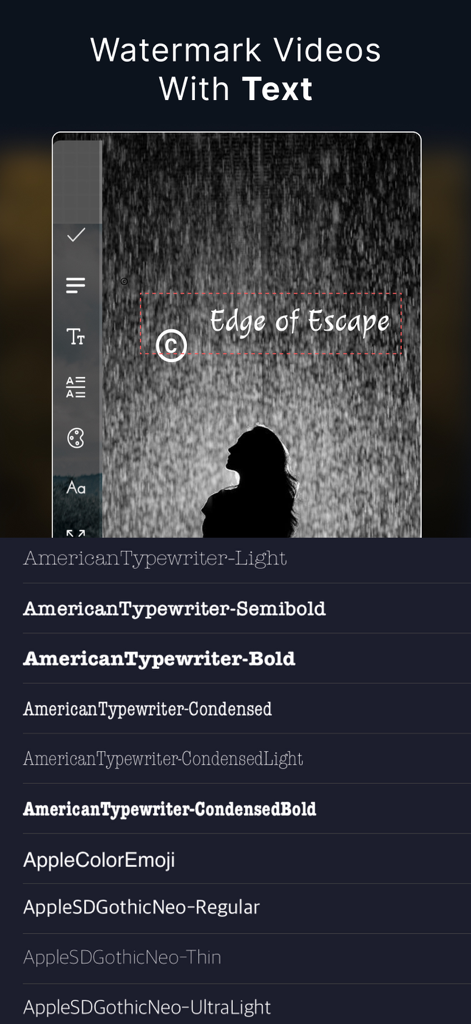 eZy Watermark Videos Lite - Benutzeroberfläche zum Hinzufügen von Text-Wasserzeichen zu Videos mit einer Auswahl verschiedener Schriftarten