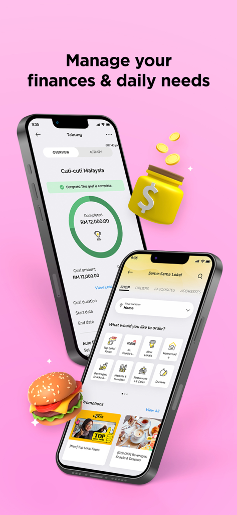 Two smartphones displaying the MAE app with a savings goal tracker and a local food delivery service interface