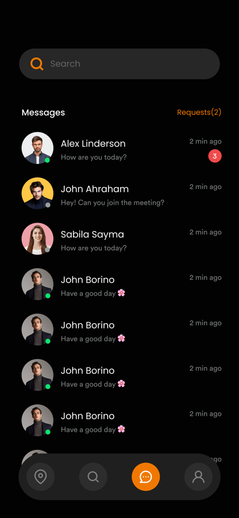 Holla App Me - Interface de mensagens do Holla App Me mostrando uma lista de chats recentes com contatos e fotos de perfil em modo escuro.