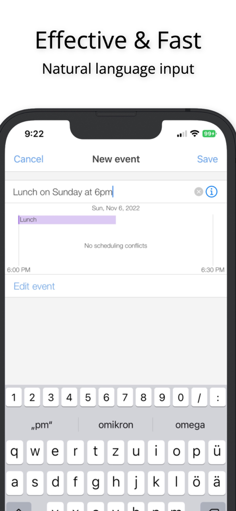 miCal - The missing Calendar - Screenshot di iPhone dell'app miCal che mostra la creazione di eventi in linguaggio naturale