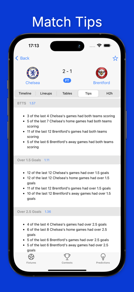 Afriscores: Soccer Predictions - Afriscoresアプリ上のチェルシー対ブレントフォードのサッカー試合のヒントと統計情報
