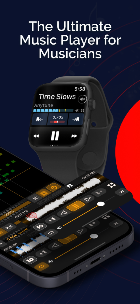 Anytune Pro+: Studio Tools  - Anytune Pro app interface displayed on iPhone and Apple Watch for music practice and transcription
