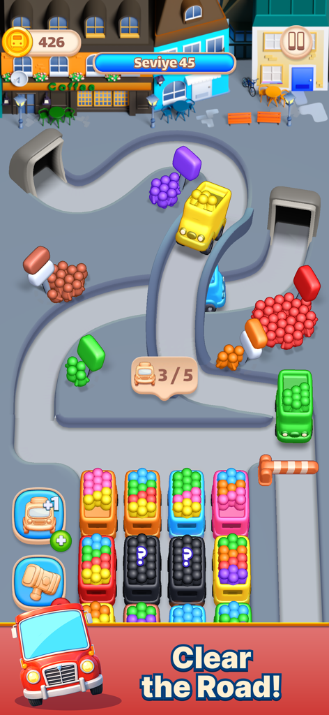 Color Bus Trip - 컬러 버스 트립의 모바일 게임 화면으로, 색상 코드가 있는 스틱맨 승객들이 도로 분류 퍼즐에서 일치하는 버스에 탑승하기를 기다리고 있습니다.