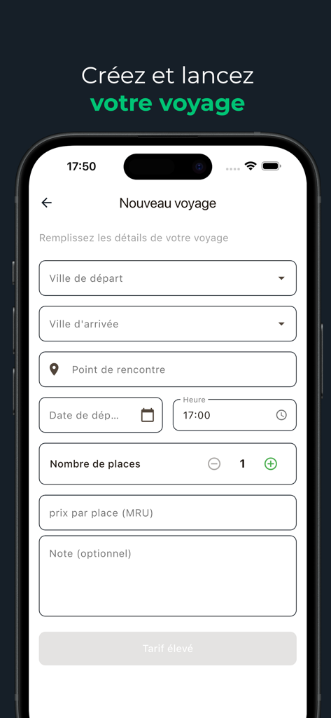 Netavgou - نتافگو - Interface of the Netavgou mobile app for creating a new carpooling trip in Mauritania, showing fields for departure, arrival, and seat pricing.