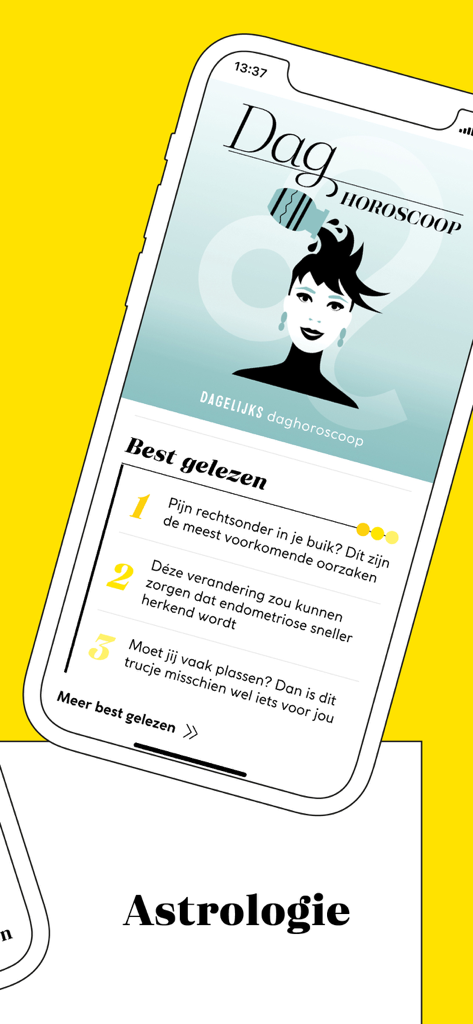 Una pantalla móvil de la aplicación Margriet mostrando una sección de horóscopo diario y una lista de los artículos de salud y estilo de vida más populares.