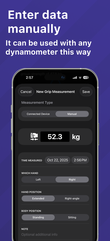GripMeter Physio - Grip Tester - Pantalla de entrada manual de datos para mediciones de fuerza de agarre en la aplicación GripMeter Physio.