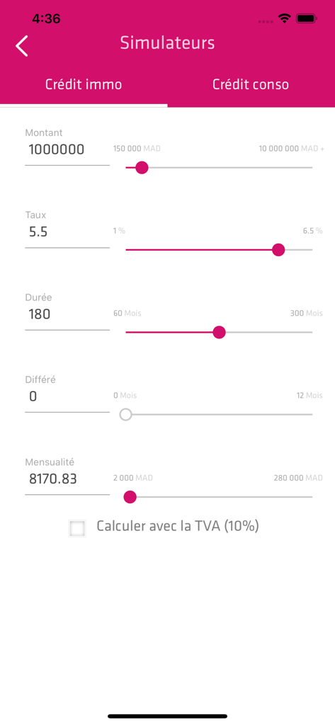 Pocket Bank - A mortgage loan simulator screen in the Pocket Bank app showing sliders for loan amount, interest rate, and duration.