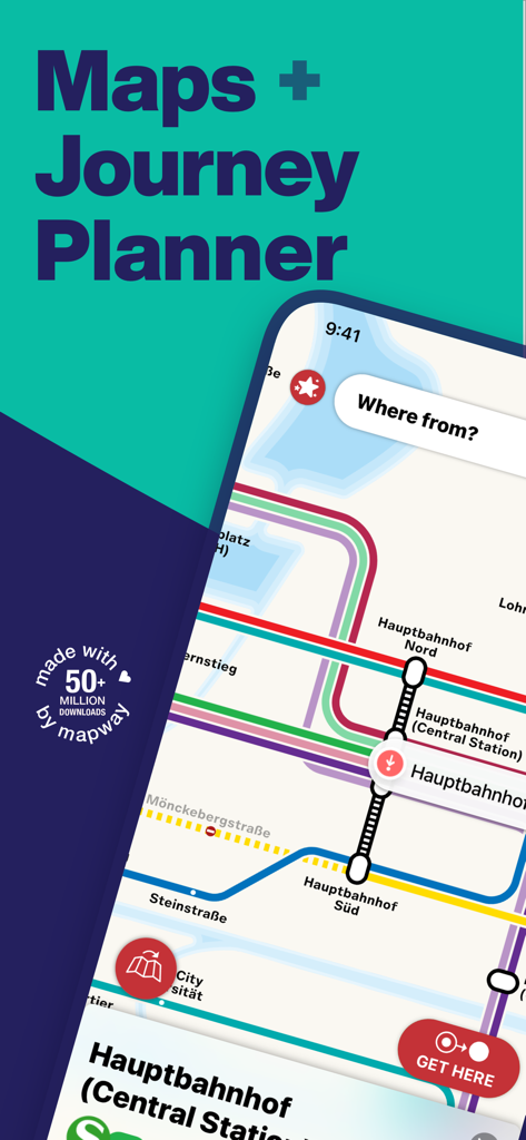 Una pantalla de teléfono inteligente que muestra el mapa del metro de Hamburgo y la interfaz del planificador de rutas