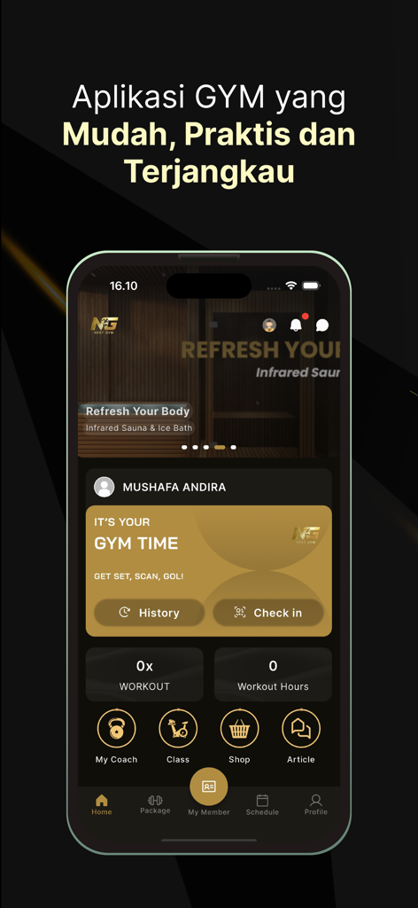 Nest Gym - Home screen of Nest Gym app displaying fitness tracking and luxury interface