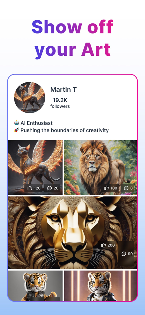 Gencraft app user profile screen showing a social feed of AI generated animal artwork including lions and tigers