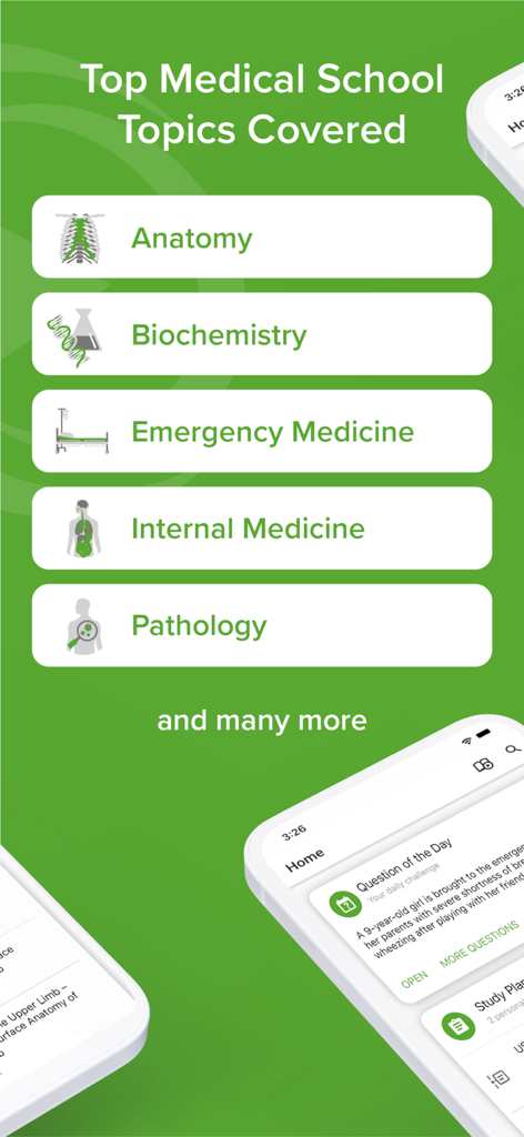 Screenshot of Lecturio app listing medical school topics such as anatomy biochemistry and emergency medicine