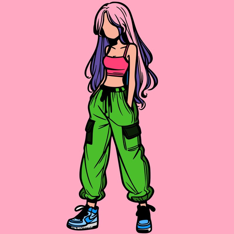 girl in baggy pants crop top and long hair