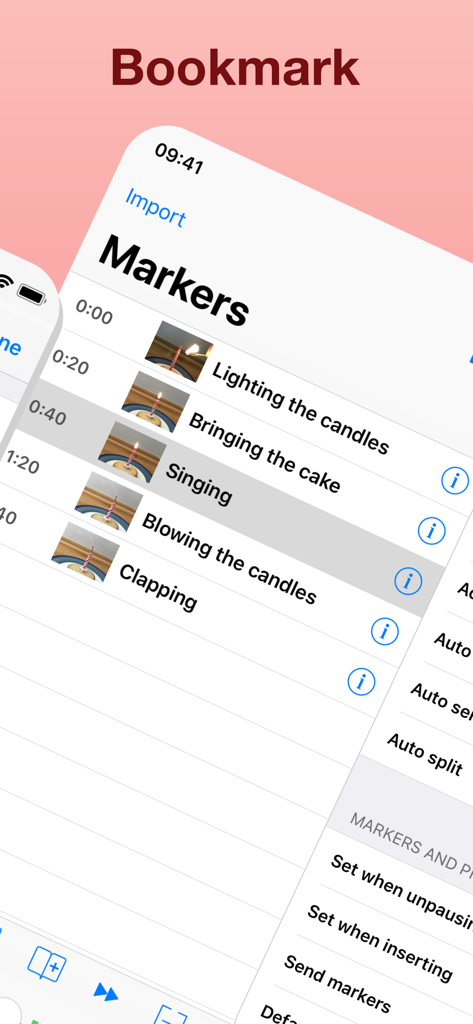 Audio Memos Pro - Audio Memos Pro interface showing markers with timestamps and thumbnails.
