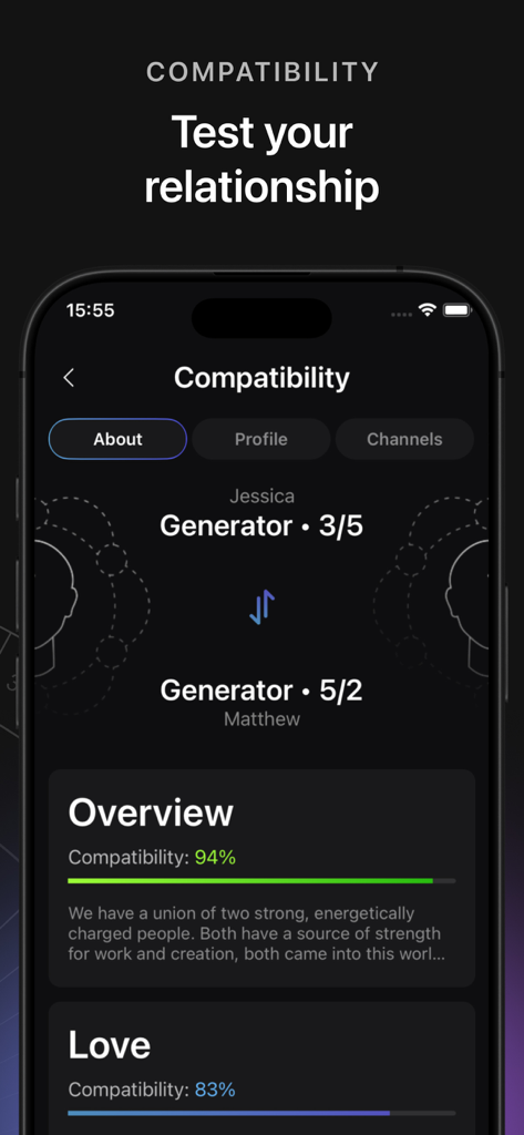 Human Design: HD Birth Chart - A screenshot of the Human Design app showing a relationship compatibility test with a high match percentage between two individuals