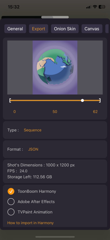 Callipeg mini: Animation App - Export interface in Callipeg mini app showing animation preview, format selection as JSON, and compatibility options for ToonBoom Harmony.