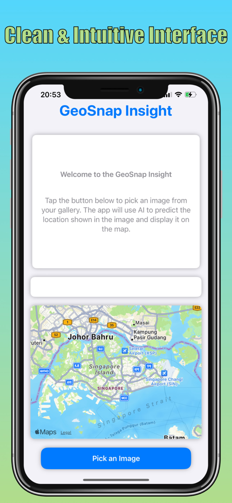 GeoSnap Insight - User interface of the GeoSnap Insight app showing a map and the Pick an Image button.