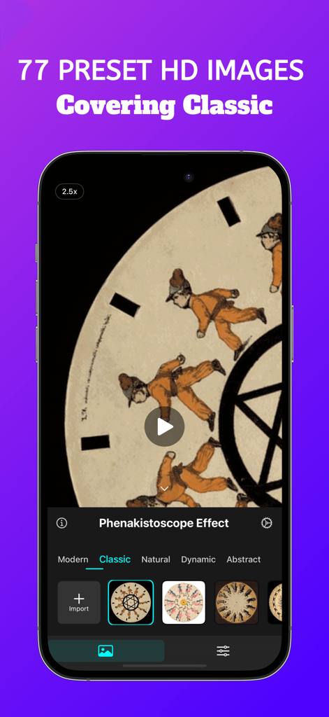Rotation - Visual Effect - Pantalla de smartphone que muestra la aplicación Rotation con ajustes preestablecidos de fenakistoscopio vintage y un efecto de disco de animación clásico